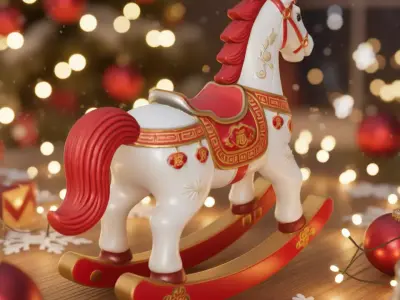 Festive Chinese New Year Rocking Horse Toy Red Gold Low-poly 3D model