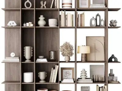 Wooden Shelves Decorative With Plants and Book - Wooden Rack 22 3D model