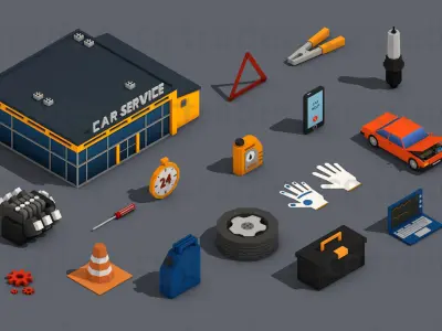 Low Poly Car Service Engine Repair Isometric Low-poly 3D model