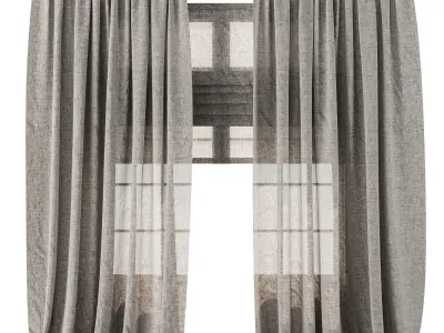 Classic Linen Curtain Set with Metal Rings and Roman shade 63 3D model