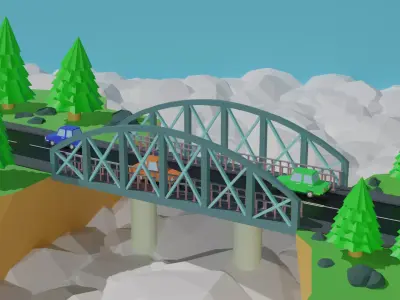 Low-poly bridge with cars Low-poly 3D model