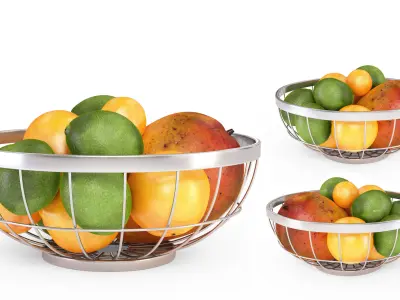 Chrome Wire Grid Fruit Basket with Fruits  3D model
