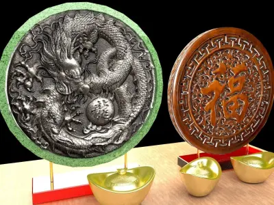 Chinese gold Ingot  with dragon  fu  3D model