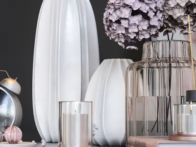 decorative set vases with flowers and clock 3D model