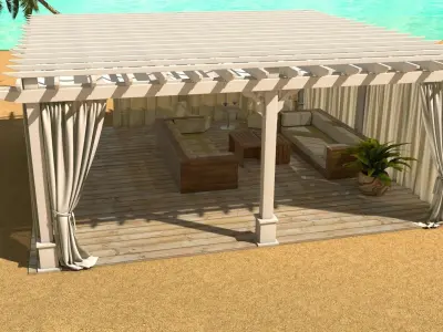 Cabana beach gazebo with curtains and surfboard 3D model