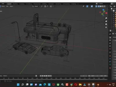 Rounte  model with Cars and Canteen  in blender low poly Low-poly 3D model