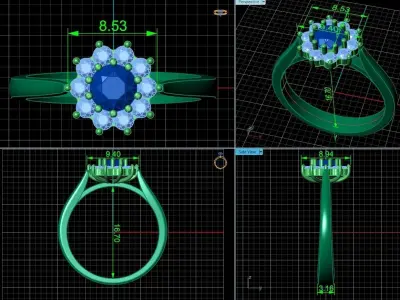 Round Cut Flower Engagement halo ring 1217 3D print model
