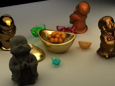 Chinese gold ingot with monk kids 3D model