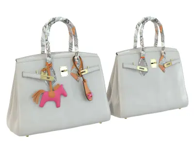 Hermes Birkin Black Cream with accessories Low-poly 3D model