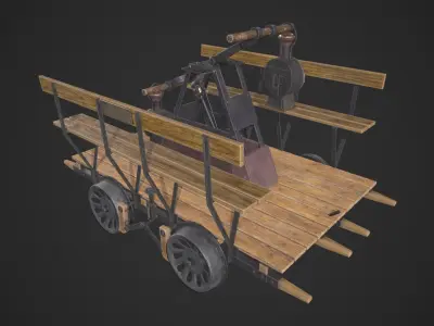 Handcar wooden cart with steam engine Low-poly 3D model