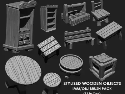 Stylized Wooden Objects IMM Brush Pack 11 in One 3D model