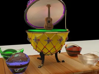 Chinese gold Ingot with Russia Faberge egg  and ukulele   3D model