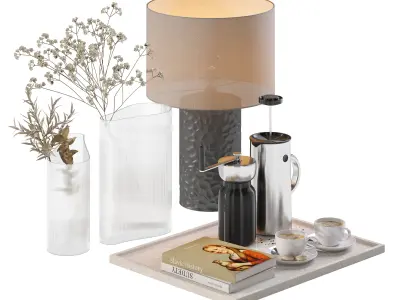Coffee set 15 - tray pot cup books bouquet pot lamp 3D model