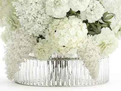 Realistic Bouquet White Flowers Lilac Hydrangea peony vase glass 3D model
