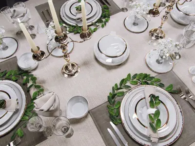 Tableware table setting with silverware and candlesticks 3D model