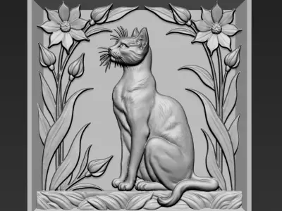 Cat and Flowers A39 3D print model