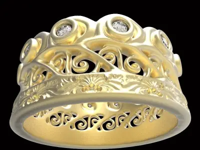 engraved gemstone crown ring 3 3D print model