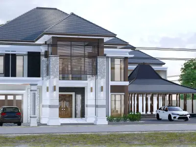 Luxury 2 floor House design with wooden House for reception 3D model