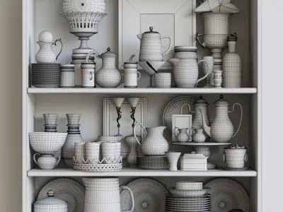 Set-189 bookcase filled with china and silverware 3D model