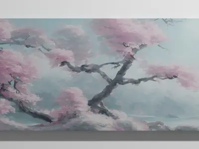 Cherry Trees next to a River Painting Low-poly 3D model