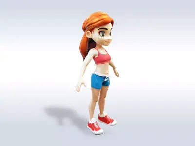 3D Cartoon character t pose muscle sport girl gym Low-poly 3D model