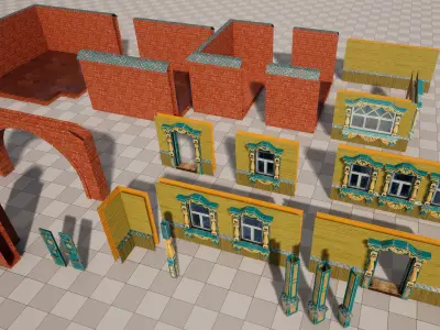 Modular wooden town Low-poly 3D model