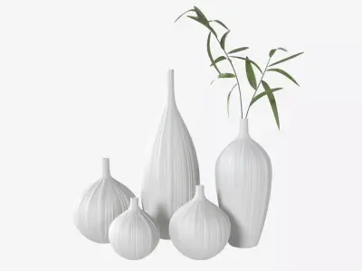 Ceramic white vase set with plants 3D model