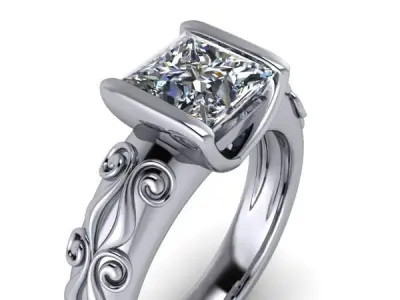 Vintage Princess Cut Solitaire  Hand Engrave Style Scroll  Ring  3D print model
