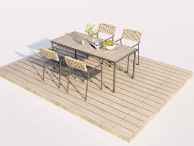 Modern Solid Wood Patio Table and Woven Texture Seating Low-poly 3D model
