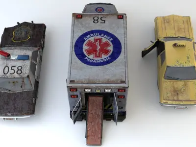 Old Rusty ambulance police and taxi car mini pack Low-poly 3D model