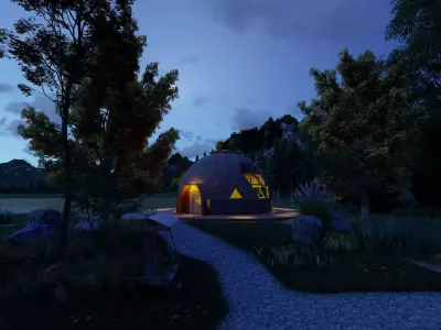 Design model of a 14m diameter geodesic dome cabin 3D model