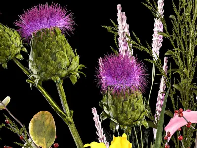 Bouquet of flowers branches thistles irises Ilex Lavender 356 3D model