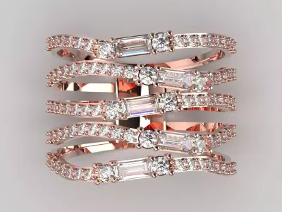 Multirow Rose Gold Ring  Baguette Round Diamonds Model jr00181 3D print model
