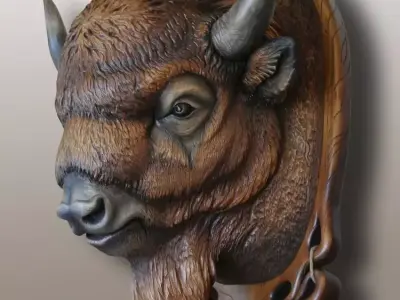 Majestic Buffalo Head Mount Realistic Wildlife Sculpture Low-poly 3D model