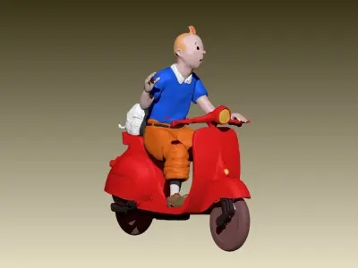 TinTin and milu on a red Vespa 3D print model
