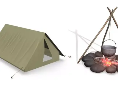 Campfire tepee with fire and rocks Free low-poly 3D model