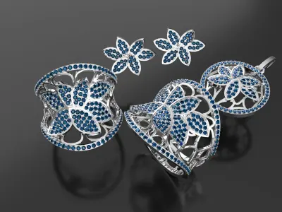 Gold and Diamond Jewelry Collection Ring Pendant Earrings 3D print model