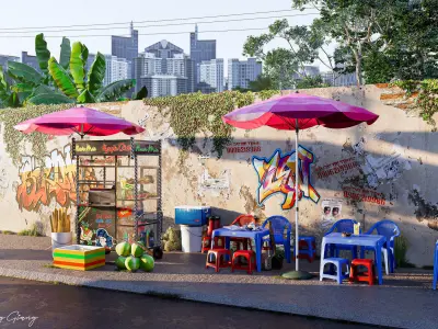 Peddling street umbrellas and chairs 3D model