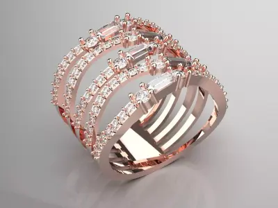 Multirow Rose Gold Ring  Baguette Round Diamonds Model jr00181 3D print model