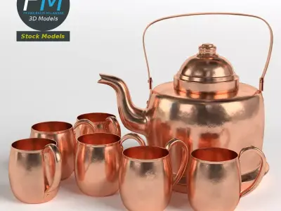 Copper kettle and mugs 3D model