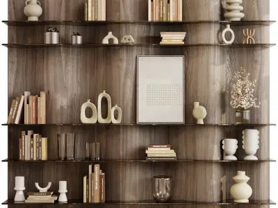Partition Wave Wooden Shelves Decorative With Book and Plant 19  3D model