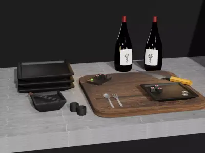 kitchen japanese table with bottle of wine Low-poly 3D model