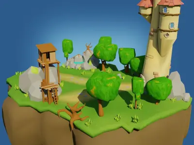 Low-poly Fantasy Castle on a Floating Island  Low-poly 3D model