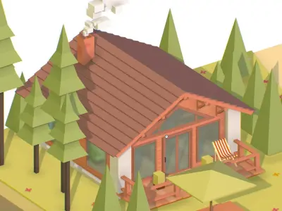 isometric house island coniferous trees cottage Low-poly 3D model