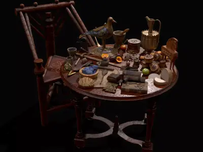 Medieval Props Messy Table Scene 3D Model Collection
