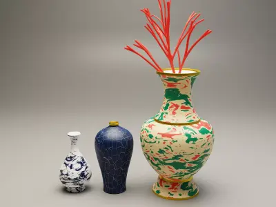 3 chinese vases Low-poly 3D model