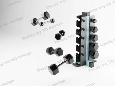 Set of dumbbells for sport on a special black metal stand 3D model