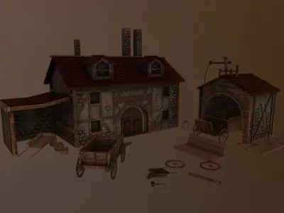 Medieval Cart Workshop  Low-poly 3D model