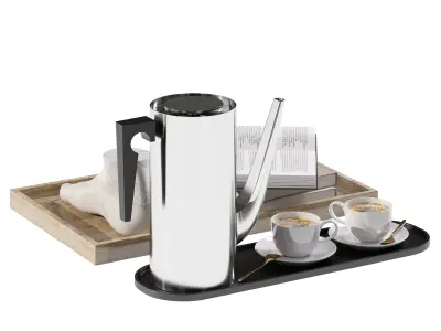 Coffee set 11 - tray pot cup books figurine 3D model