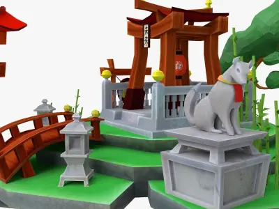 set of oriental assets Japanese environment Low-poly 3D model